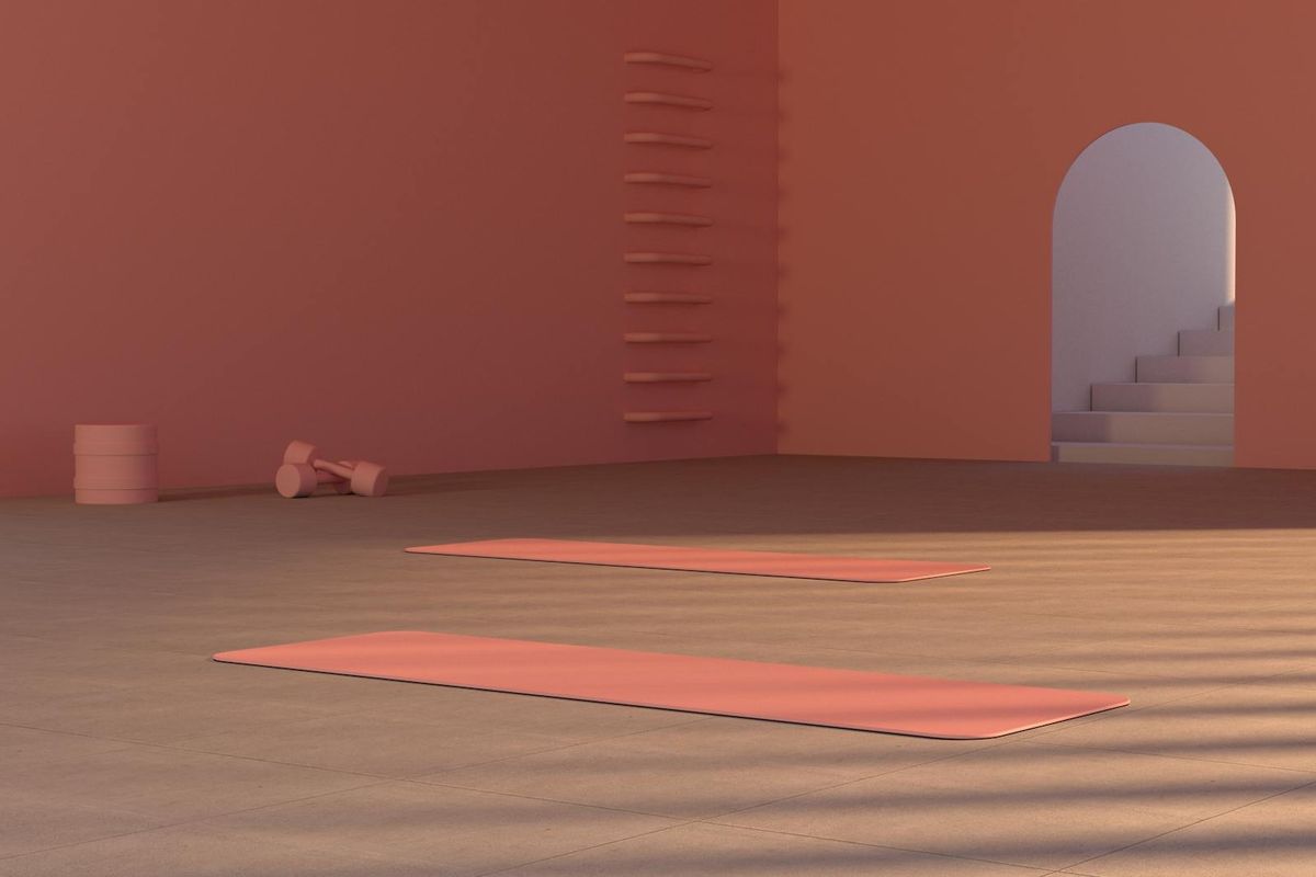 Spacious minimalist yoga studio with soft violet lighting.